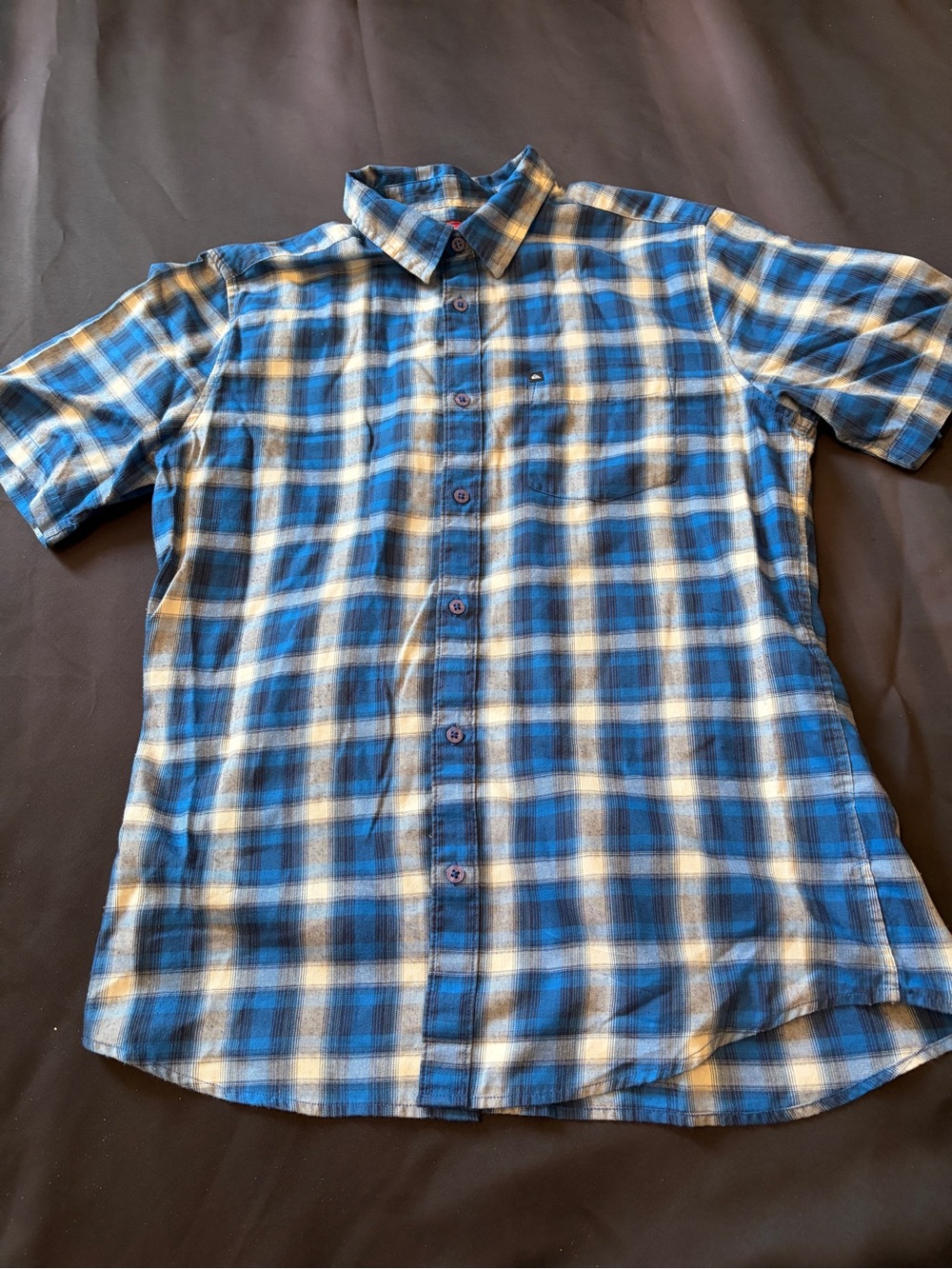 Quiksilver Blue and White Plaid Short-Sleeve Button-Down Shirt
